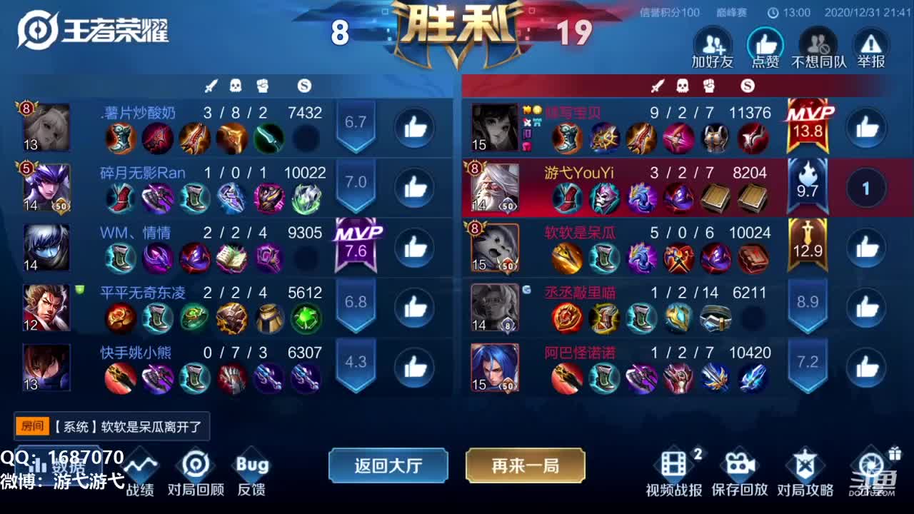 【王者荣耀】游弋的精彩时刻 20201231 21点场